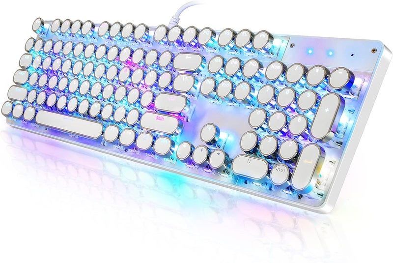 YSCP Typewriter Style Mechanical Gaming Keyboard RGB Backlit Wired with Blue Switch Retro Round Keycap 104 Keys Keyboard (White 104 Keys RGB) - Image 1
